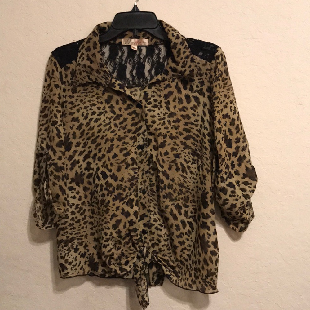 Cheetah Print Button Down Blouse with Black Lace